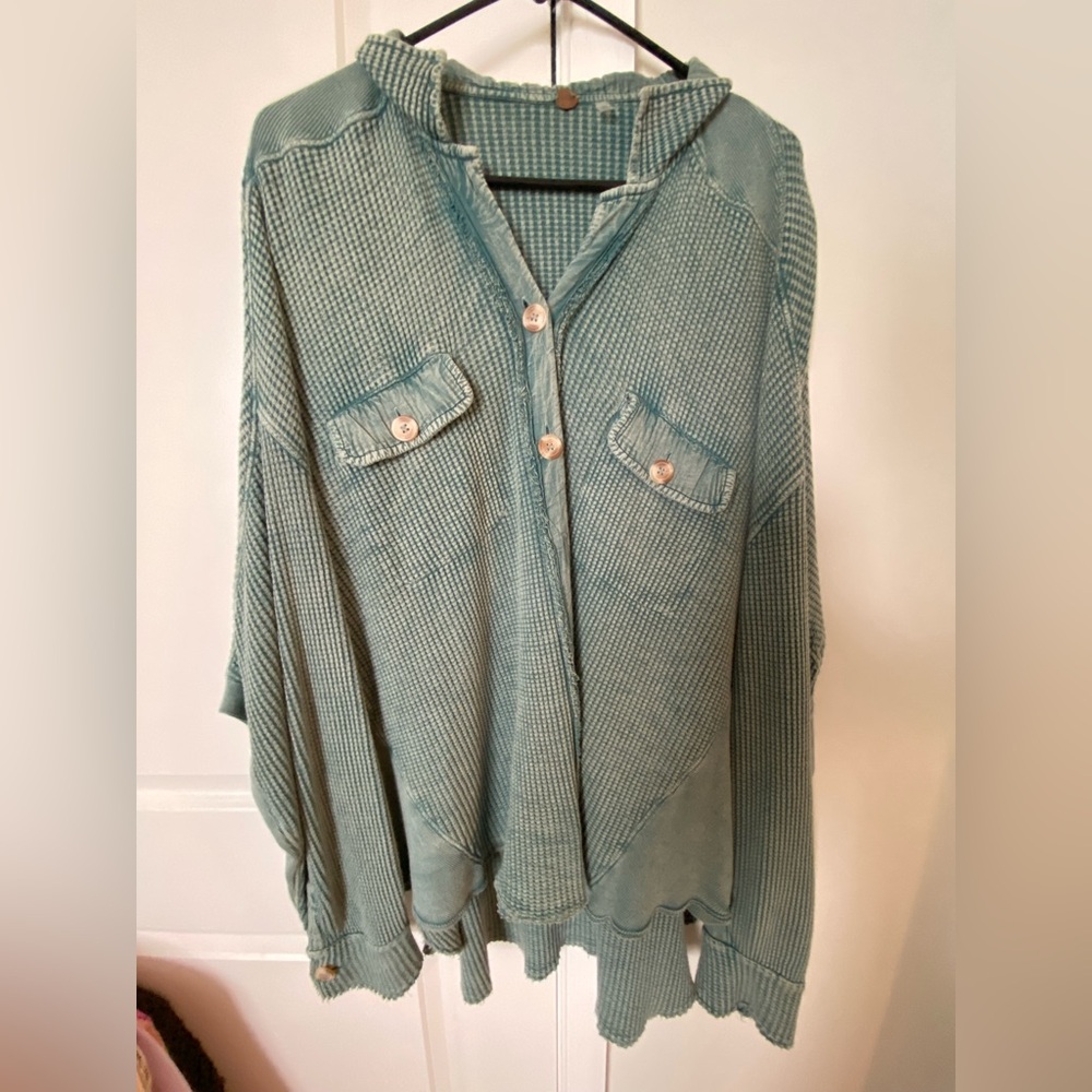 Free People Green Waffle Knit Button Front Top